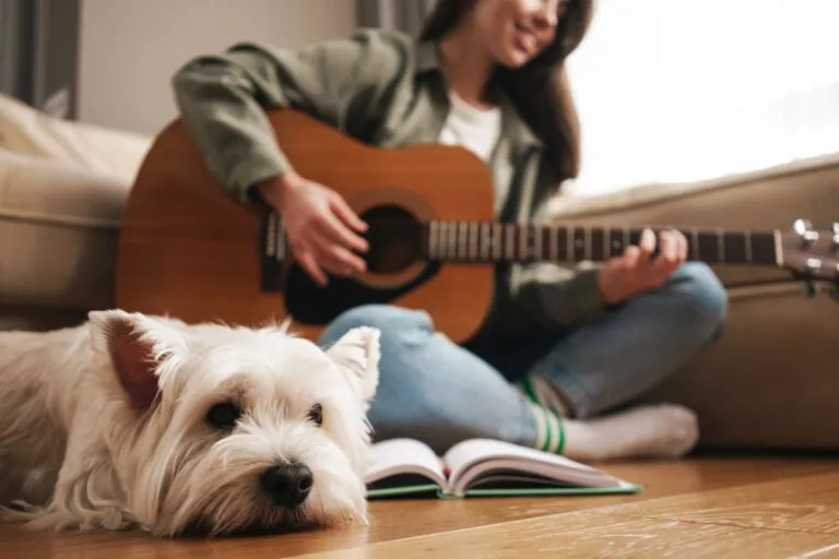 Ragazza suona chitarra e cane ascolta